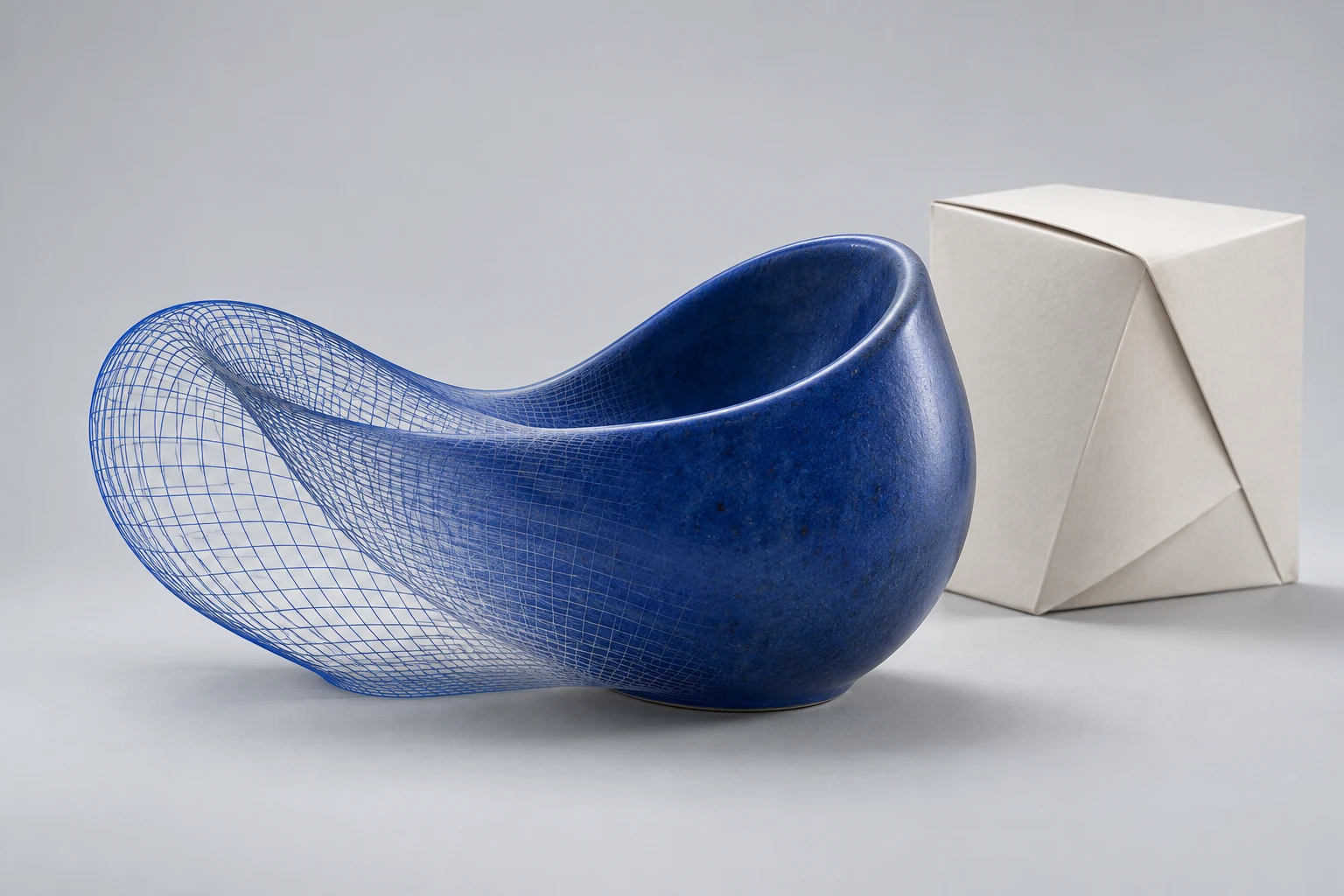 Concept illustration of a cobalt blue object transitioning from a digital wireframe into a solid physical form.